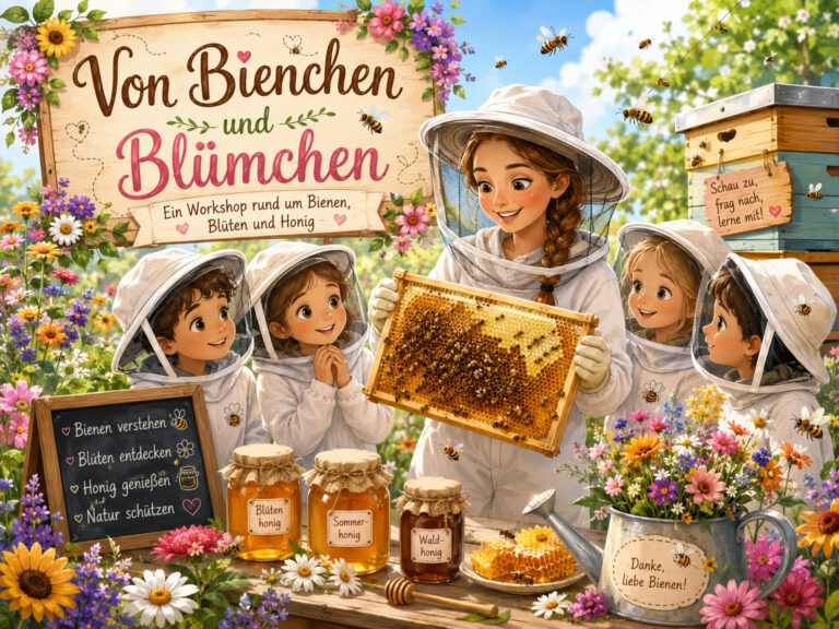 Illustrierte Ankündigung Von Bienchen und Blümchen zum Imkerworkshop