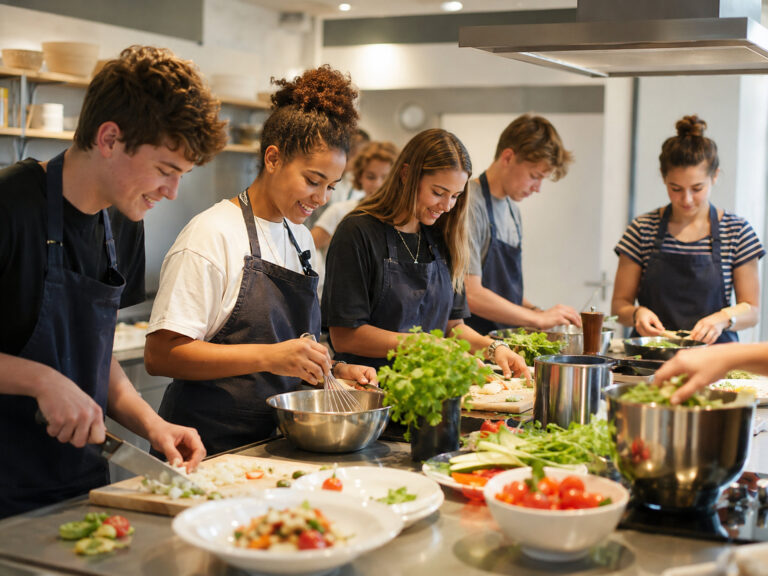 Jugendliche schneiden Gemüse und kochen zusammen im Kochkurs