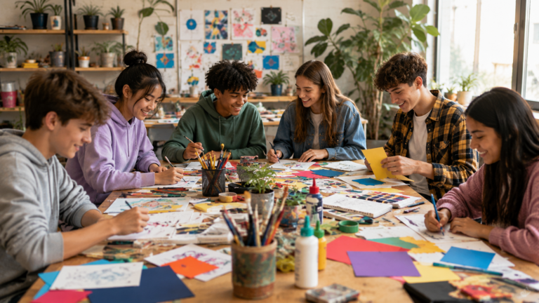 Jugendliche zeichnen und gestalten gemeinsam im Kunstkurs am Tisch