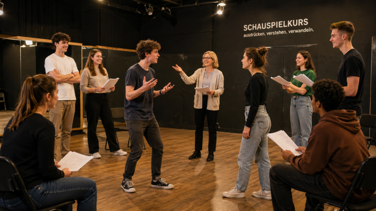 Jugendliche proben mit Textblättern im Schauspielkurs Feelings on Stage