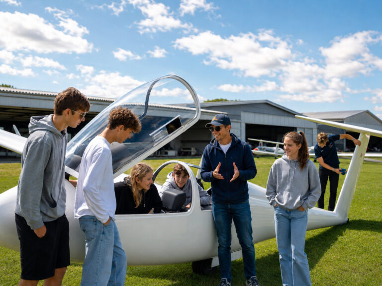 Jugendliche stehen beim Segelflug-Workshop an einem Segelflugzeug