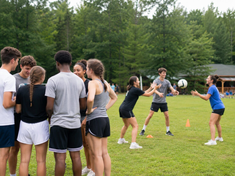 Jugendliche spielen Volleyball auf einer Wiese beim Sportcamp