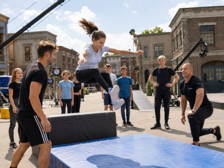 Jugendliche üben einen Sprung beim Stuntman-Workshop in Babelsberg