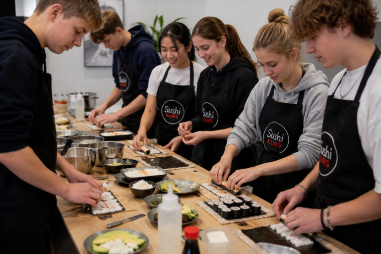 Jugendliche bereiten in Schürzen gemeinsam Sushi zu